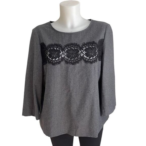 GERARD‎ DAREL Gray Wool 3/4 Sleeve Blouse, Black Lace accent size 44/ Medium - Picture 1 of 7